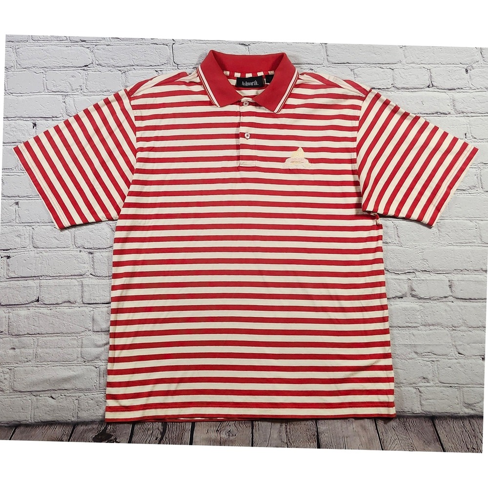 Vintage Ashworth Mens Red White Striped Golf Polo Shirt Elmcrest Est 1947 Large